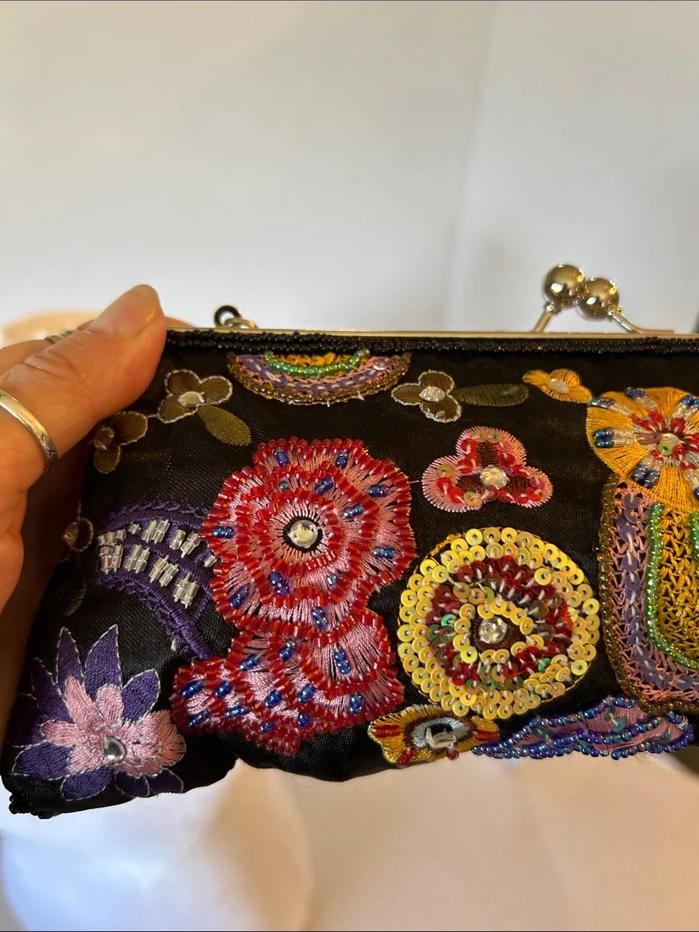 UNBRAIDED BLACK FLORAL EMBROIDERED WITH BEADS & SEQUINS & SLIVER CHAIN